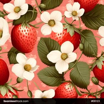 Strawberries And White Flowers Pink Background Seamless Pattern