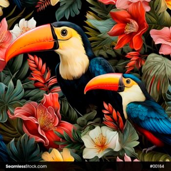 Toucans, Flowers And Leaves Seamless Pattern