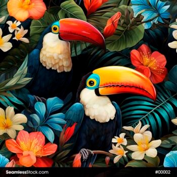 Toucans, Flowers And Leaves Seamless Pattern