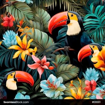 Toucans, Flowers And Leaves Seamless Pattern