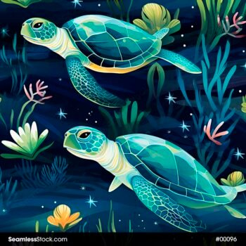 Turtles And Seaweeds Deep Sea Seamless Pattern
