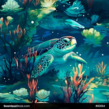 Turtles And Seaweeds Deep Sea Navy Blue Background Seamless Pattern