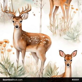 Watercolor Deer And Bushes Seamless Pattern
