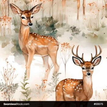 Watercolor Deer And Bushes Seamless Pattern