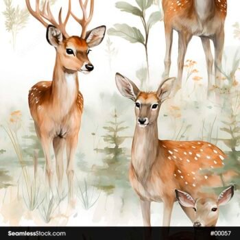 Watercolor Deer And Bushes Seamless Pattern