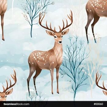 Watercolor Deer Forest Winter Seamless Pattern