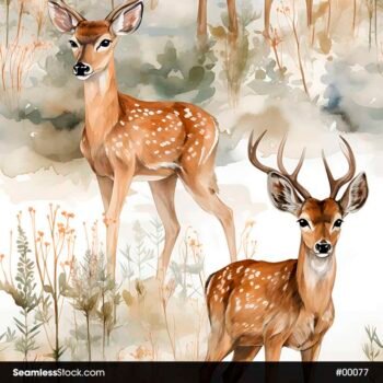 Watercolor Deers And Forest Seamless Pattern