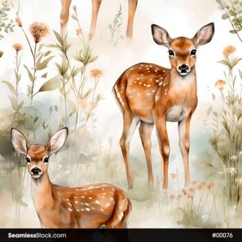 Watercolor Fawn And Flowers Forest Seamless Pattern