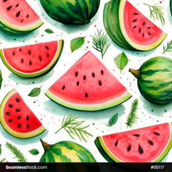 Watermelons And Leaves White Background Seamless Pattern