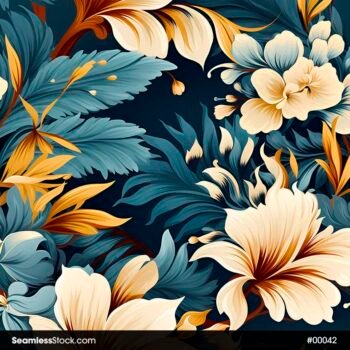 Seamless Pattern Of White Flowers And Blue Leaves