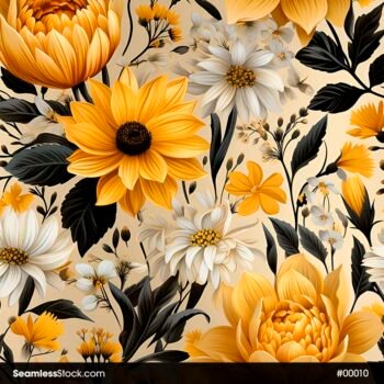 Yellow And White Flowers Beige Background Seamless Pattern