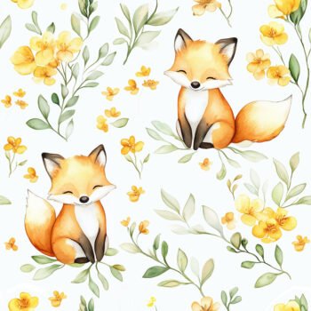Cute Foxes And Yellow Flowers Seamless Pattern