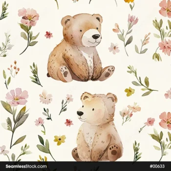 Cute Bears And Flowers Childish Style Seamless Pattern