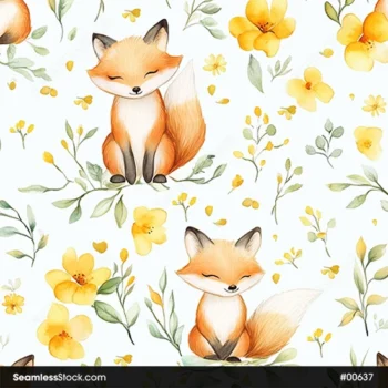 Cute Foxes And Yellow Flowers Seamless Pattern