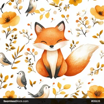 Cute Foxes, Birds And Yellow Flowers Seamless Pattern