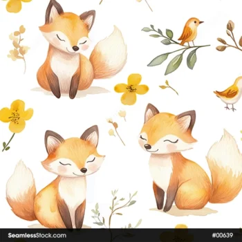 Cute Foxes, Birds And Yellow Flowers Seamless Pattern