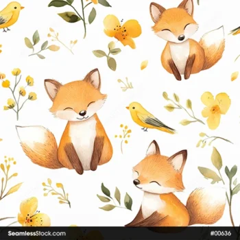 Cute Foxes, Birds And Yellow Flowers Seamless Pattern