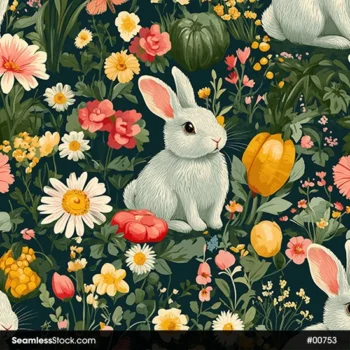 Cute Rabbits And Flowers Seamless Pattern