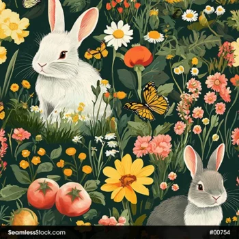 Cute Rabbits And Flowers Seamless Pattern