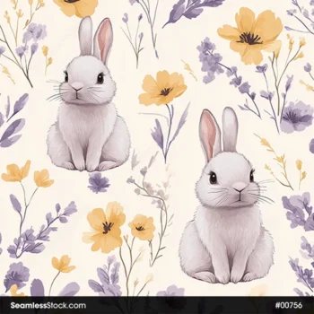 Cute Rabbits And Flowers Seamless Pattern