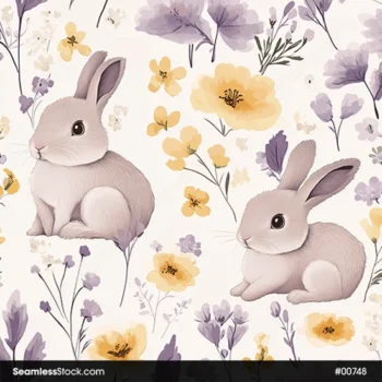 Cute Rabbits And Flowers Seamless Pattern