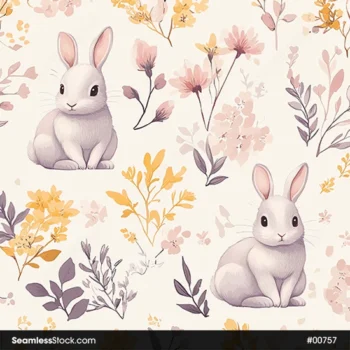Cute Rabbits And Flowers Seamless Pattern