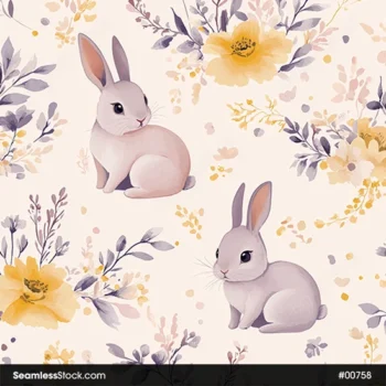 Cute Rabbits And Flowers Seamless Pattern