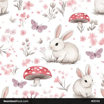 Cute Rabbits And Mushrooms Seamless Pattern