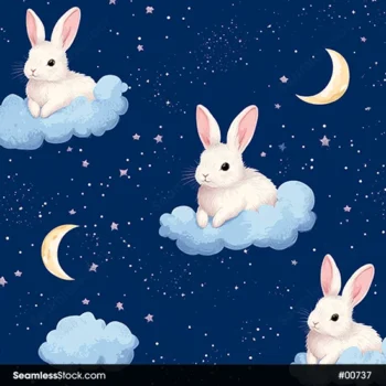 Cute Rabbits On Clouds Navy Blue Background Seamless Pattern