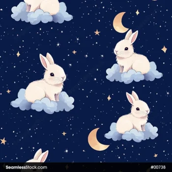Cute Rabbits On Clouds Navy Blue Background Seamless Pattern
