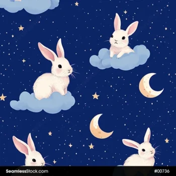 Cute Rabbits On Clouds Navy Blue Background Seamless Pattern