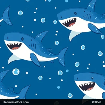 Cute Sharks And Bubbles Doodle Style Seamless Pattern