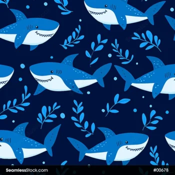 Cute Sharks And Seaweeds Doodle Style Seamless Pattern