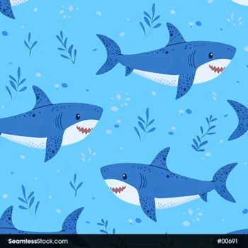 Cute Sharks And Seaweeds Doodle Style Seamless Pattern