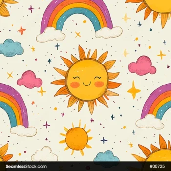 Cute Suns, Rainbows And Clouds Seamless Pattern