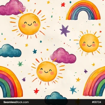 Cute Suns, Rainbows And Clouds Seamless Pattern