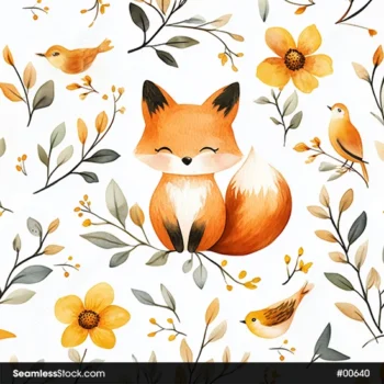 Fox, Birds And Flowers Watercolor Style Seamless Pattern