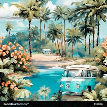 Beach Kombi And Coconut Trees Seamless Pattern