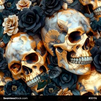 Golden Skulls And Flowers Seamless Pattern