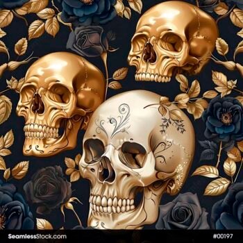 Golden Skull And Flowers Seamless Pattern