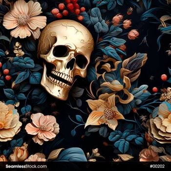 Golden Skull And Flowers Seamless Pattern