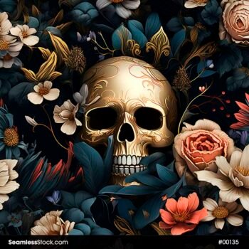 Golden Skulls And Flowers Black Background Seamless Pattern