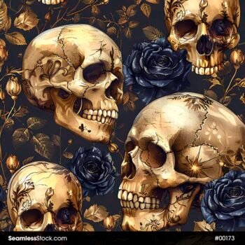 Golden Skull And Flowers Grey Background Seamless Pattern