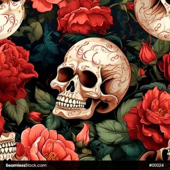 Mexican Skulls And Red Flowers Seamless Pattern