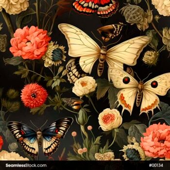 Moth And Pink Flowers Black Background Seamless Pattern