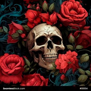 Skull And Red Flowers And Leaves Black Background Seamless Pattern