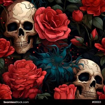 Skulls And Red Flowers Black Background Seamless Pattern