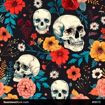 White Skulls And Colorful Flowers Black Background Seamless Pattern