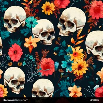 White Skull And Colorful Flowers Seamless Pattern