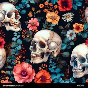 White Skull And Colorful Flowers Black Background Seamless Pattern